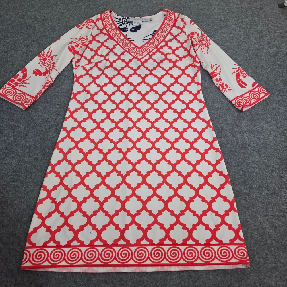 Gretchen Scott Lobster Dress S Coastal Nautical Resort Shift V Neck 3/4 Sleeve